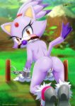 1girl anthro ass bbmbbf bent_over big_ass blaze_the_cat blush bondage breast brown_eyes cat chains dat_ass doggy_position fur furry gag gagged gloves looking_at_viewer looking_back mobius_unleashed nude palcomix purple_fur pussy sega shoes sideboob sonic_the_hedgehog_(series) tagme tail