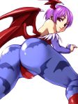  1girl ass bare_shoulders bat_print bat_wings bridal_gauntlets capcom darkstalkers demon demoness head_wings leotard lilith_aensland low_wings pantyhose patterned_legwear print_legwear print_pantyhose purple_hair red_eyes short_hair simple_background solo succubus vampire_(game) white_background wings yotarou yotarou_no_miso_nikomi 