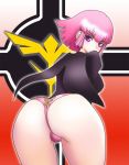 1girl artist_request ass blush breasts cape female from_behind gundam haman_karn looking_back maqubee panties payot pink_hair purple_eyes short_hair sideboob sidelocks solo thong underwear zeta_gundam