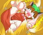 1girl animal_ears barefoot blush brown_hair cat_ears cat_tail chen des earrings fang feet female foot_tickling fox_tail jewelry multiple_tails open_mouth soles solo solo_focus tail tail_rape tears tickle_torture tickling toes touhou yakumo_ran