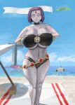 beach big_ass booruguru dc_comics gigantic_breasts grey_skin hourglass_figure ocean purple_eyes purple_hair rachel_roth raven_(dc) teen_titans