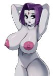  1girl arms arms_behind_head breasts dc_comics grey_skin hands_behind_head hips huge_breasts lipstick looking_at_viewer mochi_dab navel nipples nude purple_eyes purple_hair purple_lipstick pussy raven_(dc) standing tagme teen_titans wide_hips 