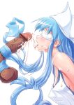  1girl bar_censor blindfold blue_hair breasts bust caressing_testicles censor_bar censored cleavage closed_eyes covered_nipples cum cum_in_mouth cum_on_body cum_on_tongue cum_on_upper_body erect_nipples facial hair hairjob handjob hat headgear hetero ikamusume jeibii long_hair nipples open_mouth penis pink_background shinryaku!_ikamusume simple_background squeezing_testicles testicles tied_penis tongue upper_body veins veiny_penis very_long_hair white_background 