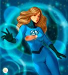 big_breasts blonde blonde_female blonde_hair blue_background blue_eyes bodysuit didi_esmeralda fantastic_four invisible_woman long_hair marvel marvel_comics nipples one-piece_suit pink_nipples sue_storm torn_clothes