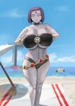 beach big_ass booruguru cyborg dc_comics gigantic_breasts grey_skin hourglass_figure koriand'r ocean purple_eyes purple_hair rachel_roth raven_(dc) starfire teen_titans victor_stone