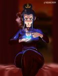  avatar:_the_last_airbender azula bed bodysuit fire firebending looking_at_viewer pov princess royalty rubber sitting suit tea thedarkzircon 