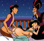 2010 aladdin aladdin_(series) ass bad_guy_(artist) breasts cum disney doggy_position fellatio husband_and_wife jafar oral pants_down princess_jasmine shirt_lift smile spitroast threesome vest