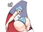 1girl ass big_ass black_eyes blue_hair bunny_panties buttholemagick female_only huge_ass looking_at_viewer looking_back panties panties_aside shocked thick_thighs trixie_(buttholemagick)