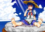  1girl barefoot blue_hair eating feet female food foreshortening fruit hat hinanawi_tenshi holding holding_fruit holding_peach kagelantern keystone long_hair peach red_eyes rope shimenawa soles solo toes touhou 