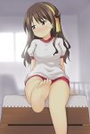 1girl arm_support barefoot blush breasts brown_eyes brown_hair dekosuke feet female gym gym_uniform headband idolmaster idolmaster_cinderella_girls large_breasts leg_up looking_away pov_feet shimamura_uzuki shy sitting smile soles solo sweatdrop toes vaulting_horse