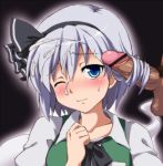 1girl blue_eyes blush bukkake censored clothed cum cum_on_hair face facial hair hairband hairjob hand_on_own_chest hand_to_chest hitodama konpaku_youmu konpaku_youmu_(ghost) myon one_eye_closed penis pubic_hair sama_samasa short_hair silver_hair solo solo_focus touhou white_hair wince wink