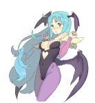  1girl aqua_hair bat_wings beautiful blush breasts capcom cleavage cute demon_girl elbow_gloves female fingerless_gloves gloves head_wings leotard long_hair morrigan_aensland pantyhose pepo pepo_(absolute1123) pepo_(pepopepo) solo succubus vampire_(game) wings yellow_eyes 