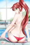 1girl 1girl alluring ass bare_shoulders bikini breasts butt_crack from_behind green_eyes hair_between_eyes high_res indoors kimmy77 long_hair looking_at_viewer looking_back medium_breasts parted_lips ponytail pool poolside pyrrha_nikos red_bikini red_hair rwby shiny shiny_hair shiny_skin side-tie_bikini swimming_pool swimsuit towel very_long_hair water wet