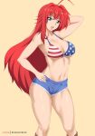 1girl alluring american_flag_bikini big_breasts bikini bikini_top_only blue_eyes boots cleavage cowboy_boots denim denim_shorts flag_print high_school_dxd looking_at_viewer red_hair rias_gremory shorts stayaliveplz swimsuit