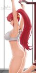  1girl alluring ass athletic_female big_breasts bubble_butt circlet cslucaris exercise fit_female green_eyes gym long_hair looking_at_viewer naked_from_the_waist_down ponytail pull_ups pyrrha_nikos red_hair rwby shoes sports_bra sweat sweaty voluptuous workout 