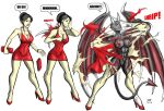  black_hair bodysuit demon disguise high_heels horns human_disguise johnnyharadrim muscular_female pale_skin purse red_dress red_high_heels skinsuit text wings 