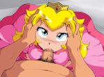 blonde_hair blue_eyes blush censored fellatio female hands_in_hair hands_on_face mario_(series) old_school_academy oral penis pov pov_eye_contact princess_peach super_mario_bros.