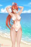 1girl adjusting_hair alluring bangs bare_hips bare_legs bare_shoulders big_breasts bikini breasts circlet green_eyes hair_ribbon headgear high_res kimmy77 legs looking_at_viewer navel ponytail pyrrha_nikos red_hair ribbon rwby shiny shiny_skin side-tie_bikini smile swimsuit tan tan_line thigh_gap