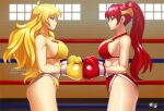 2_girls alluring ass big_breasts blonde_hair boxing_gloves bra breasts brown_eyes female_focus green_eyes hip_focus jadenkaiba multiple_girls ponytail pyrrha_nikos red_hair rwby smile thighs underwear yang_xiao_long