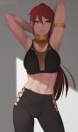 1girl 1girl abs alluring armlet arms_behind_head arms_up athletic_female big_breasts breasts circlet closed_mouth commentary_request commission earrings female_abs fit_female gorget green_eyes hair_between_eyes high_res hip_vent indoors jewelry light_smile lips long_hair looking_at_viewer navel pants putcher pyrrha_nikos red_hair revision rwby shade sports_bra stomach toned very_long_hair watermark web_address