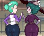 2_girls alternate_version alternate_version_available artist_signature ass ass_focus big_ass big_booty blue_bottomwear blue_eyes blue_pants booty bottom_heavy bottomwear clothed clothing dat_ass disney disney_channel disney_xd doc.b eclipsa_butterfly female female_focus female_only green_hair hand_holding hand_on_hip handwear hat headwear hourglass_figure mama mature_female mature_woman milf odalia_blight red_lipstick short_hair signature star_vs_the_forces_of_evil text the_owl_house topwear violet_armwear violet_bottomwear violet_clothes violet_clothing violet_eyes violet_handwear violet_hat violet_lipstick violet_pants violet_shirt violet_topwear wide_hips