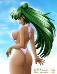 1girl ass backboob bikini bishoujo_senshi_sailor_moon black_eyes breasts bun dark_skin erect_nipples female green_hair hair_bun half_updo long_hair looking_back meiou_setsuna natural_wedgie onoe ponytail purple_eyes sideboob sling_bikini solo swimsuit