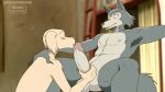 2boys anthro balls beastars bikomation dog furry jack_(beastars) legoshi_(beastars) licking_penis male male/male nude open_mouth penis sex tongue tongue_out wolf