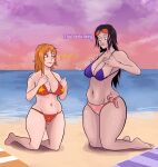 2_girls black_hair blue_eyes brown_hair gigantic_ass gigantic_breasts lesbian nami nami_(one_piece) nico_robin one_piece orange_hair stinkycokie yuri