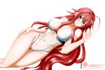 1girl ahoge alluring artist_name bangs blue_eyes blush breasts cleavage covered_erect_nipples female_focus hair_between_eyes high_school_dxd huge_ahoge kimmy77 large_breasts long_hair looking_at_viewer navel red_hair rias_gremory signature swimsuit very_long_hair watermark web_address white_background