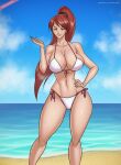 alluring beach big_breasts bikini derushy green_eyes hand_on_hip high_ponytail hips legs long_hair looking_at_viewer midriff ponytail pyrrha_nikos red_hair rwby shiny_hair shiny_skin side-tie_bikini smile tagme