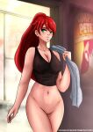 1girl alluring bare_legs female_only green_eyes high_ponytail long_hair massam.16 naked_from_the_waist_down ponytail pussy pyrrha_nikos red_hair rwby shiny_hair shiny_skin sports_bra