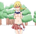 1girl areolae assisted_exposure belly blonde_hair blush breasts cursor erect_nipples forest hair hips lass_(pokemon) legs long_hair midriff miniskirt mound_of_venus nature navel nintendo nipples npc_trainer outdoors pokemon pokemon_(game) pokemon_amie pokemon_xy pussy_juice shiny shiny_skin shirt_lift skirt skirt_pull solo sweat sweatdrop tears tree trembling