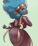 1girl afro aloe_(pokemon) apron ass big_breasts blue_eyes breasts creatures_(company) dark-skinned_female dark_skin eyelashes from_behind g138 game_freak green_background green_hair greenmarine gym_leader hairband humans_of_pokemon lenora_(pokemon) lips naked_apron nintendo pokemon pokemon_(anime) pokemon_(game) pokemon_black_2_&_white_2 pokemon_black_and_white pokemon_bw pokemon_bw2 porkyman sideboob simple_background solo thick_thighs thighs