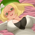 1:1_aspect_ratio 1girl bed_sheet bel_(pokemon) beret bianca_(pokemon) blonde_hair breasts breasts_apart clothing creatures_(company) female game_freak green_eyes hat headwear high_resolution huge_breasts humans_of_pokemon large_breasts lying megane nintendo on_back pokemon pokemon_(anime) pokemon_(game) pokemon_black_2_&_white_2 pokemon_black_and_white pokemon_bw pokemon_bw2 pokemon_character porkyman red-framed_eyewear red-framed_glasses refuto semi-rimless_eyewear semi-rimless_glasses short_hair solo sweat under-rim_eyewear under-rim_glasses yellow_hair