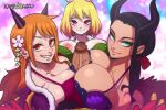 1boy 2022 3_girls beast_pirates_(cosplay) big_ass big_breasts breasts_press carrot carrot_(wano) double_paizuri foursome grin huge_breasts huge_penis interspecies kamekuzu kameseru light-skinned_female nami nami_(wano) nico_robin nico_robin_(wano) one_piece one_piece:_wano_arc paizuri sanji seductive seductive_look seductive_smile smile smiling_at_viewer vinsmoke_sanji