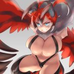 1girl angry antenna_hair black_hair blue_eyes breasts cleavage clenched_teeth dark_skin feathered_wings fur_trim grey_background harpy horns huge_breasts monster_girl mound_of_venus multicolored_hair naso4 navel nintendo personification pokemon pokemon_(game) pokemon_xy red_hair short_hair simple_background skindentation sling_bikini solo swimsuit teeth thighhighs thighs white_hair wings yveltal