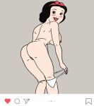 1girl anus asian ass black_eyes brown_eyes disney female_only instagram nude_female picture princess_snow_white pussy smiling_at_viewer snow_white_and_the_seven_dwarfs social_media white_teeth