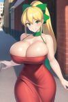 1girl ai_generated big_breasts blonde_hair blush breasts capcom female_focus female_only green_eyes nai_diffusion ponytail ribbon rockman_(classic) roll_(rockman) smile stable_diffusion