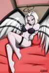  angel angel_girl angel_wings black_bra black_halo bra bra_lift bra_pull elbow_gloves gloves halo hazbin_hotel jvdarkomx lute_(hazbin_hotel) twitter vivienne_medrano vivziepop 