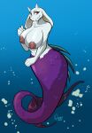  1girl alternate_species areola big_breasts blue_background boss_monster bovid breasts bubble caprine female fin fur high_res horn huge_breasts hybrid long_ears looking_at_viewer mammal marine merfolk nude purple_body purple_scales purple_tail quelico red_eyes scales simple_background smile solo split_form tail tail_fin toby_fox toriel undertale undertale_(series) underwater water white_body white_fur 