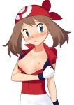 areolae bandanna blue_eyes blush breasts breasts_outside brown_hair erect_nipples gloves haruka_(pokemon) jacket may nintendo nipples no_bra open_clothes open_jacket pokemon pokemon_(anime) pokemon_(game) short_hair small_breasts solo topless uhyoko