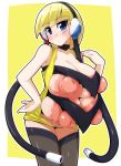 1girl areolae armpits bare_shoulders black_legwear blonde_hair blue_eyes breasts choker cleavage collarbone creatures_(company) elesa_(pokemon) extra_breasts female game_freak gym_leader headphones hips huge_areolae huge_breasts huge_nipples humans_of_pokemon jacket kamitsure_(pokemon) large_areolae legs long_hair multi_breast nintendo nipples open_clothes open_jacket pokemon pokemon_(anime) pokemon_(game) pokemon_black_2_&_white_2 pokemon_black_and_white pokemon_bw pokemon_bw2 porkyman puffy_nipples purple_eyes pussy semahiro shiny shiny_skin simple_background solo standing thighhighs uncensored white_border yellow_background