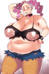 1girl areolae arm_bands arm_up armpit_hair armpits bare_shoulders belly belt blue_eyes blush breasts choker curvy denim_shorts erect_nipples fat hair hand_on_head hand_on_hips hips huge_breasts jeans large_areola muffin_top navel nintendo nippleless_clothes nipples npc_trainer pink_hair plump poke_ball pokemon punk smell solo standing stockings sweat thick_thighs thighs torn_clothes twintails wide_hips wrist_cuffs yokkora