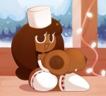 1girl areolae big_areola big_breasts breasts brown_body brown_hair clothed clothes clothing cocoa_cookie cookie_run female female_only hair happy holding_breasts huge_breasts legwear looking_at_viewer mu111777 nipples open_mouth roblofanflation smile snow solo window