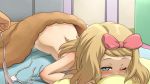 1girl ash_ketchum awa bed bedroom blonde_hair blue_eyes blush hair_ribbon hair_ribbons lying nude pokemon pokemon_(anime) pokemon_(game) pokemon_xy ribbon ribbons satoshi_(pokemon) serena serena_(pokemon)