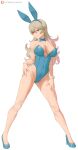  1girl absurd_res alluring alternate_costume animal_ears bare_legs big_breasts black_leotard blue_leotard bow bowtie breasts bunny_ears bunny_girl bunnysuit corrin_(fire_emblem) corrin_(fire_emblem)_(female) covered_navel detached_collar english_commentary fake_animal_ears fake_tail female_only fire_emblem fire_emblem_fates full_body grin hands_on_own_hips high_heels high_res legs leotard long_hair looking_at_viewer nintendo playboy_bunny pointy_ears rabbit_ears rabbit_tail red_eyes smile standing strapless strapless_leotard tail white_background white_hair wrist_cuffs zelc-face 