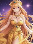  1girl bare_shoulders big_breasts cleavage dress earrings female_only goddess jewelery looking_at_viewer nakiri_erina necklace orange_hair purple_eyes shmebulock36 shokugeki_no_souma solo_female 