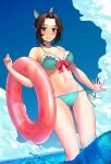  1girl 1girl 1girl alluring alternate_costume beach bikini blue_bikini blush breasts butterfly_hair_ornament cleavage clothing dark_hair demon_slayer female_only innertube kimetsu_no_yaiba kochou_shinobu looking_at_viewer low-angle_view ocean outside purple_eyes smile standing summer swimsuit water 