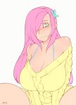 1girl bare_shoulders blush bra_strap breasts butterfly_hair_ornament cleavage doxy earrings fluttershy friendship_is_magic green_eyes hair_ornament hair_over_one_eye huge_breasts humanized jewelry large_breasts long_hair my_little_pony off-shoulder_sweater pink_hair solo sweater underwear v_arms