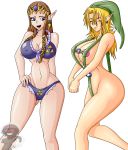 big_breasts bikini blonde_hair blue_eyes breasts brown_hair closed_eyes genderswap hair link nipples princess_zelda sling_bikini swimsuit the_legend_of_zelda war-off-evil